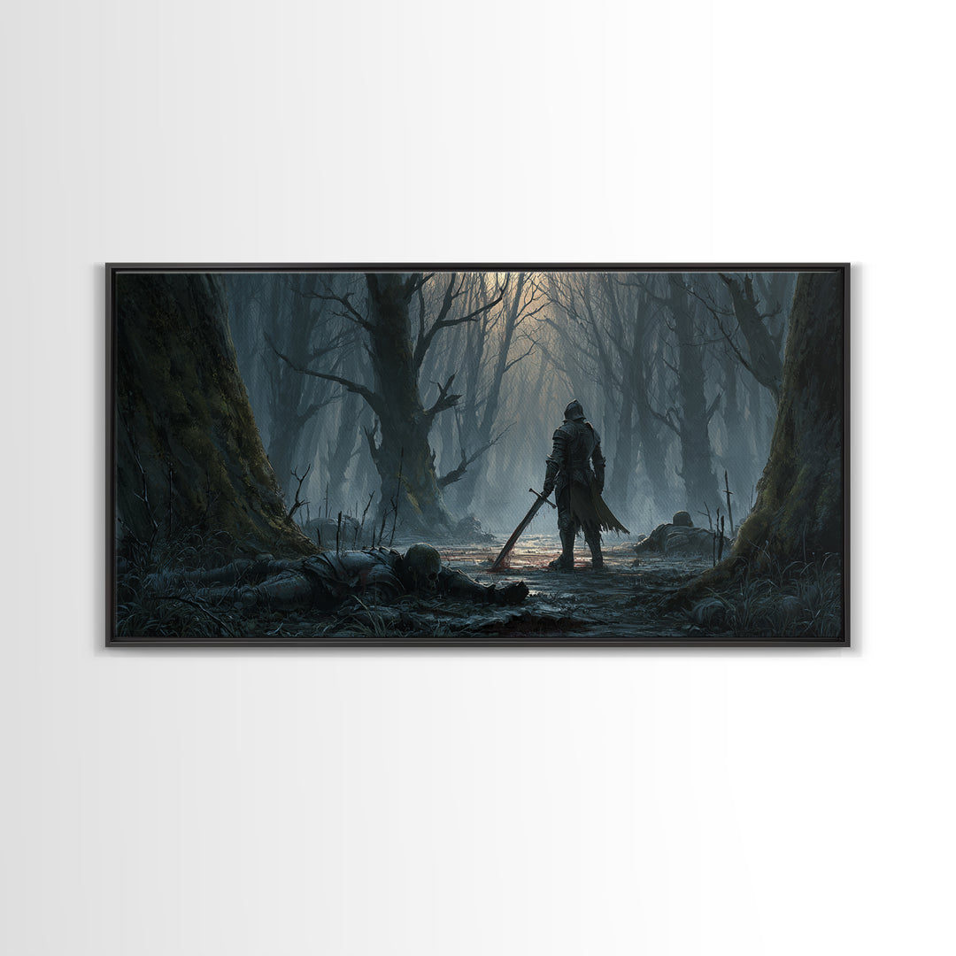 Lone Knight In Haunted Swamp Forest Wall Art, Dark Fantasy Canvas Print, Gothic Decor, Moody Medieval Home Decor Gift For Him