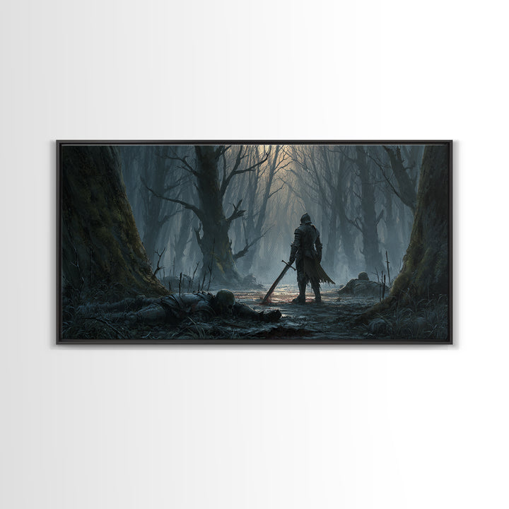 Lone Knight In Haunted Swamp Forest Wall Art, Dark Fantasy Canvas Print, Gothic Decor, Moody Medieval Home Decor Gift For Him