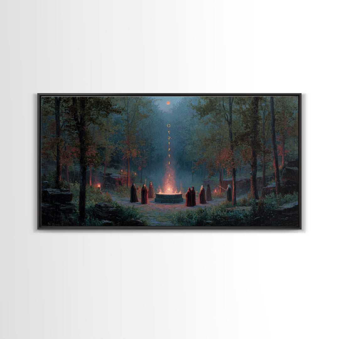 Hooded Druids Around Moonlit Forest Altar Wall Art, Dark Fantasy Canvas Print, Gothic Witchy Decor, Mystical Home Decor Gift