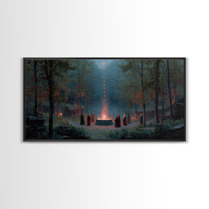 Hooded Druids Around Moonlit Forest Altar Wall Art, Dark Fantasy Canvas Print, Gothic Witchy Decor, Mystical Home Decor Gift