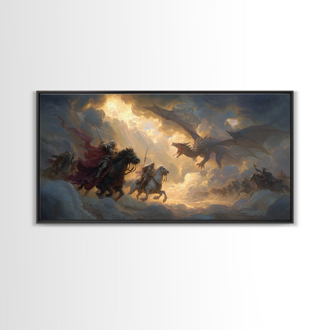 Knights Charging Toward Dragon In Stormy Sky Canvas Print, Epic Fantasy Wall Art For Gamer Room And Medieval Home Decor Gift