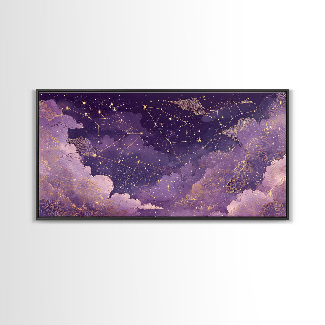 Purple Zodiac Constellation Night Sky Wall Art, Celestial Canvas Print, Astrology Wall Decor, Mystical Bedroom Decor, Gift For Her