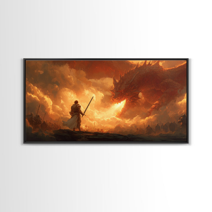 Lone Swordsman Facing Fire Dragon Wall Art, Dark Fantasy Canvas Print For Medieval Decor, Gamer Room, And Unique Gift For Him