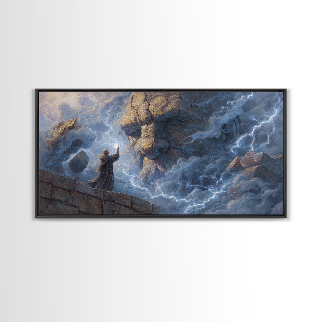 Storm Wizard Summoning Stone Giant Wall Art, Lightning Fantasy Canvas Print For Dark Academia Decor And Dnd Gamer Gift Idea