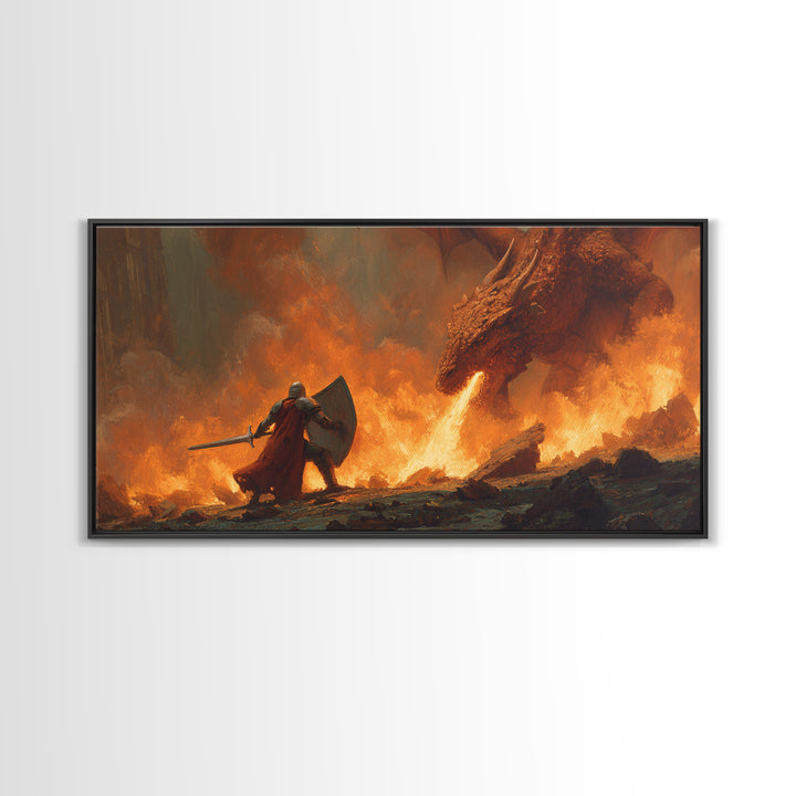 Knight With Shield Against Fire Dragon Wall Art, Epic Fantasy Canvas Print For Medieval Decor And Masculine Office Art Gift