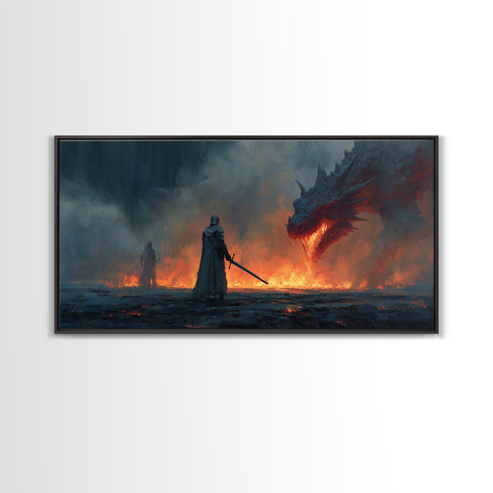Cloaked Warrior Facing Blue Dragon Canvas Print, Moody Dark Fantasy Wall Art For Gamer Room Decor And Gothic Gift For Him