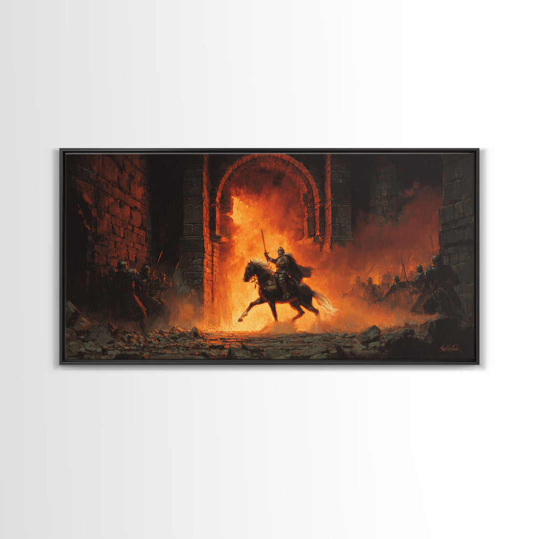 Mounted Knight Riding Through Fiery Gate Wall Art, Medieval Fantasy Canvas Print For Dark Castle Decor And Gamer Gift Idea
