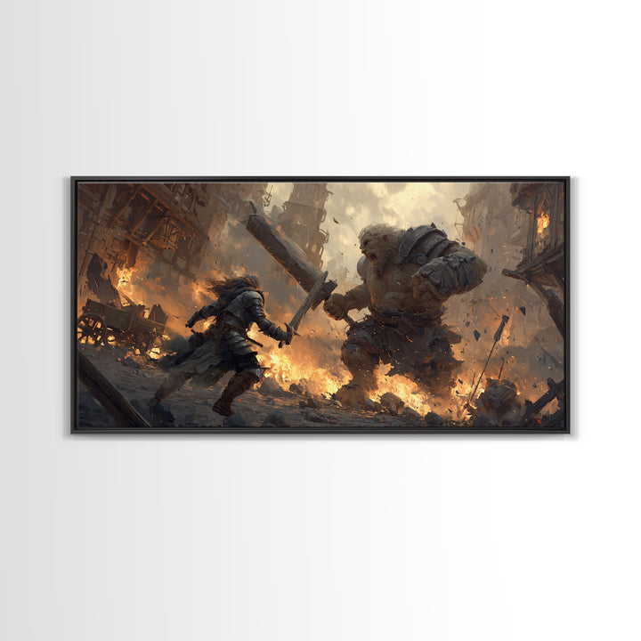 Armored Warrior Battling Giant Troll Canvas Print, Epic Fantasy Wall Art For Gaming Room Decor And Medieval Gift For Him
