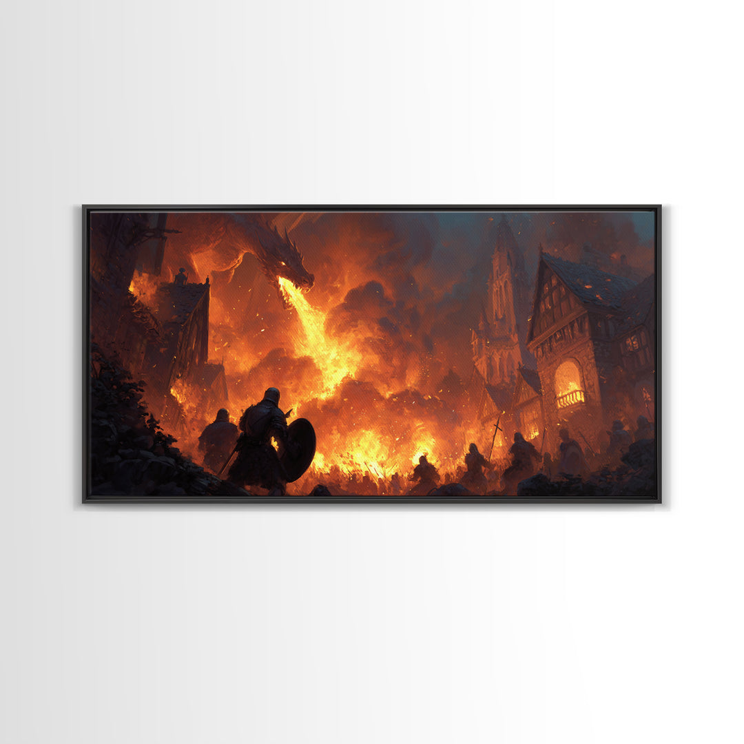 Dragon Burning Medieval Village Wall Art, Dark Fantasy Canvas Print For Gothic Castle Decor, Gamer Room, And Gift For Him