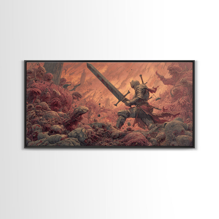 Armored Hero With Giant Sword Wall Art, Surreal Dark Fantasy Canvas Print For Monster Battle Decor And Gothic Gamer Gift