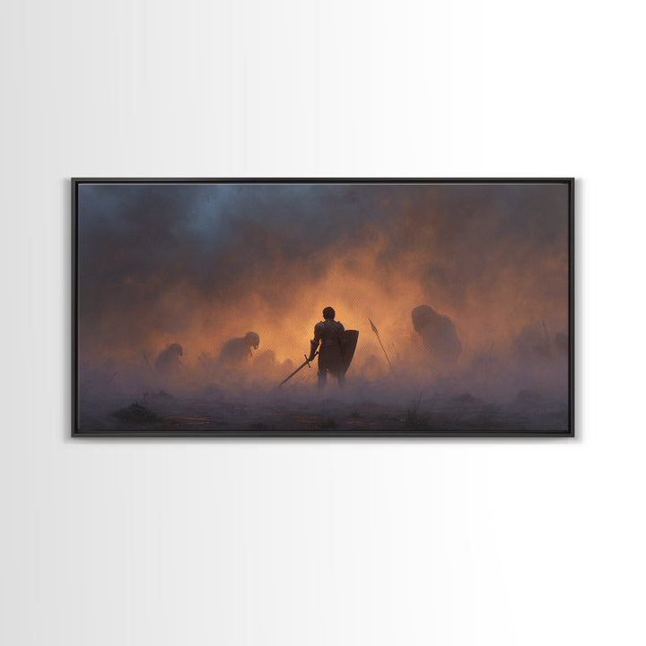 Lone Knight In Smoky Ember Battlefield Wall Art, Dark Fantasy Art, Medieval Warrior, Gothic Decor, Dramatic Canvas Print