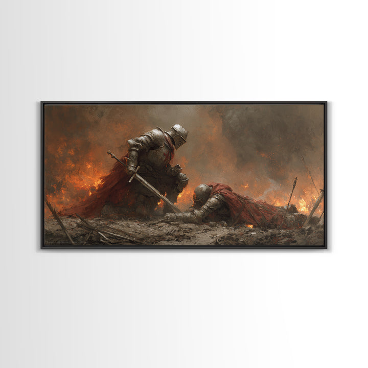 Armored Knight Lifting Fallen Warrior Framed Canvas Print, Dark Fantasy Art, Medieval Battle, Gothic Wall Decor, Gift For Him