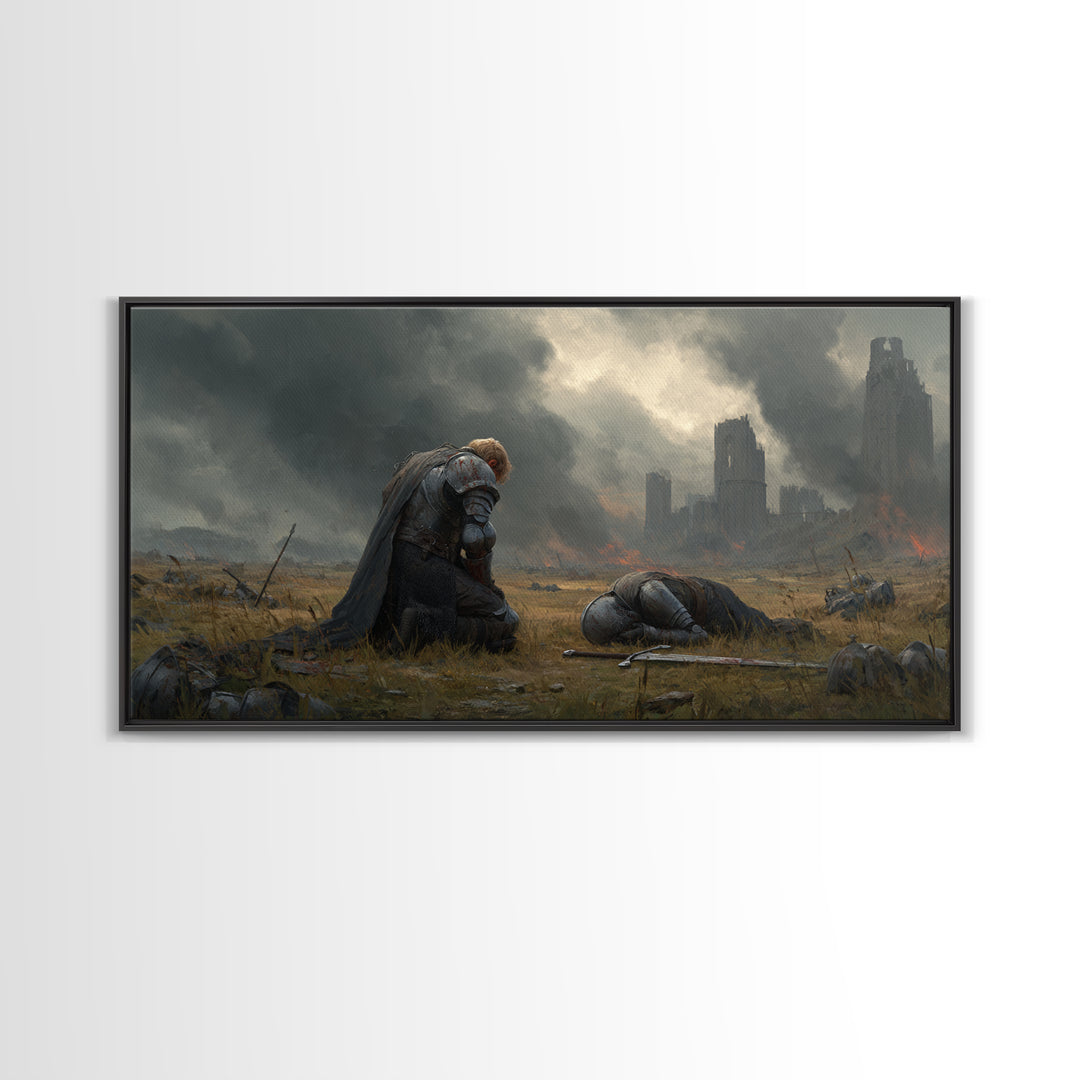Kneeling Knight Beside Fallen Comrade Wall Art, Dark Fantasy Landscape, Medieval Ruins, Moody Wall Decor, Large Canvas Print