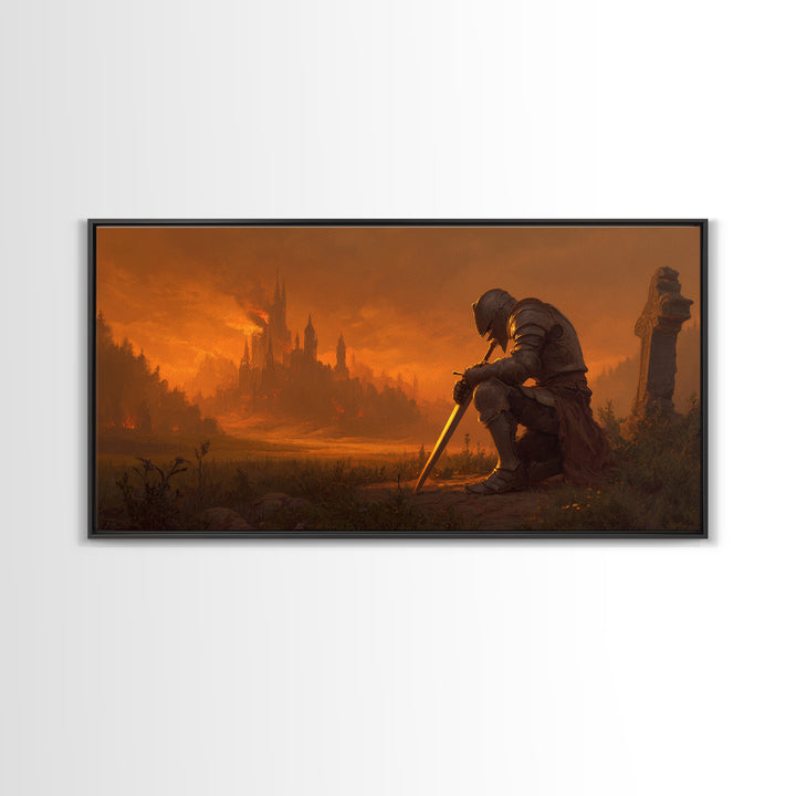 Kneeling Knight Before Burning Castle Canvas Print, Dark Fantasy Art, Medieval Landscape, Gothic Wall Decor, Office Decor