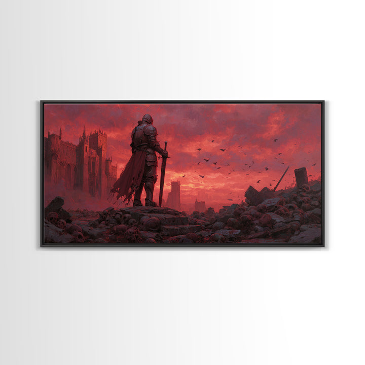 Knight Standing Among Skulls At Red Ruins Wall Art, Dark Fantasy Art, Gothic Decor, Medieval Warrior, Dramatic Canvas Print