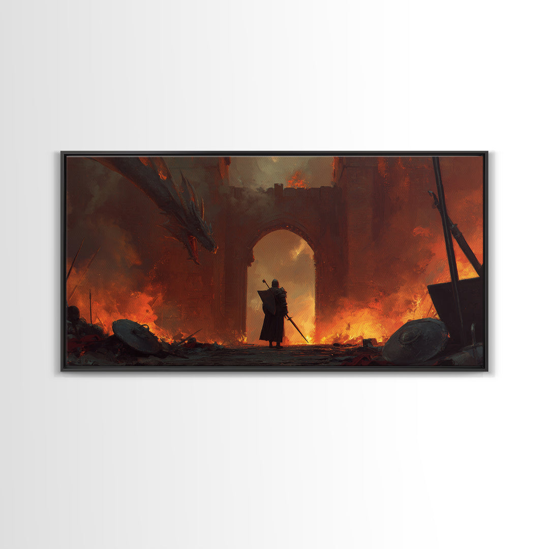 Knight Facing Dragon At Burning Gate Framed Canvas Print, Dark Fantasy Art, Medieval Castle, Gothic Wall Decor, Epic Gift