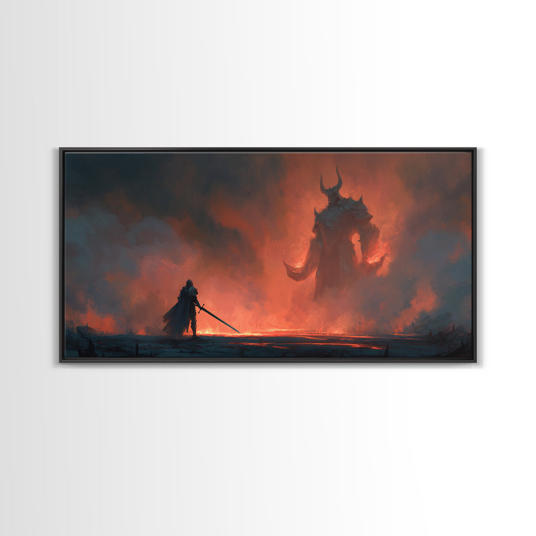 Lone Knight Facing Fire Demon Wall Art, Dark Fantasy Art, Surreal Gothic Decor, Medieval Warrior, Epic Statement Canvas Print
