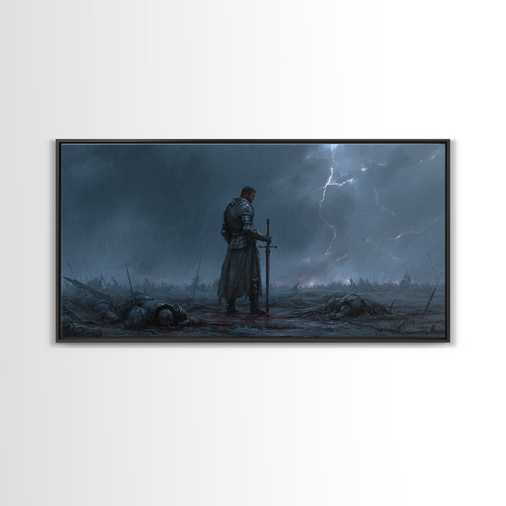 Storm Worn Knight In Rainy Battlefield Wall Art, Dark Fantasy Landscape, Medieval Warrior, Moody Gothic Decor, Canvas Print