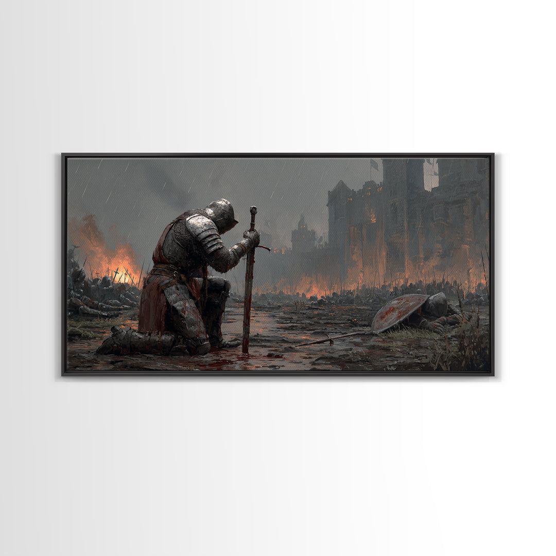 Kneeling Knight In Rainy Battlefield Framed Canvas Print, Dark Fantasy Wall Art, Medieval Castle Office Decor Gift For Him