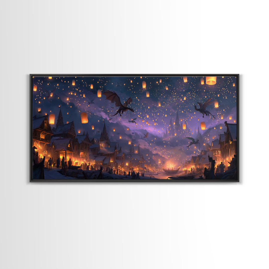 Dragon Lantern Festival Village Canvas Print, Fantasy Wall Art, Whimsical Night Sky Decor, Magical Kids Room Decor Gift Idea