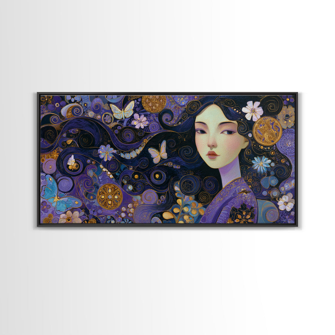 Purple Art Nouveau Woman Wall Art, Feminine Portrait Canvas Print, Butterfly Floral Decor, Gold Boho Gallery Wall Art Print