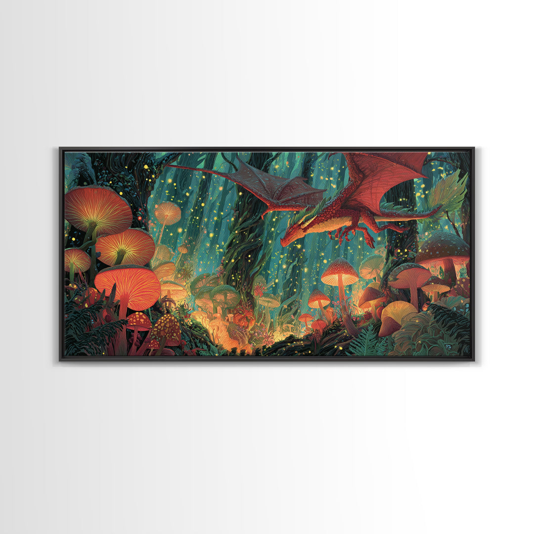 Red Dragon Over Glowing Mushroom Forest Wall Art, Whimsical Fantasy Canvas Print, Enchanted Woodland Kids Room Decor Gift