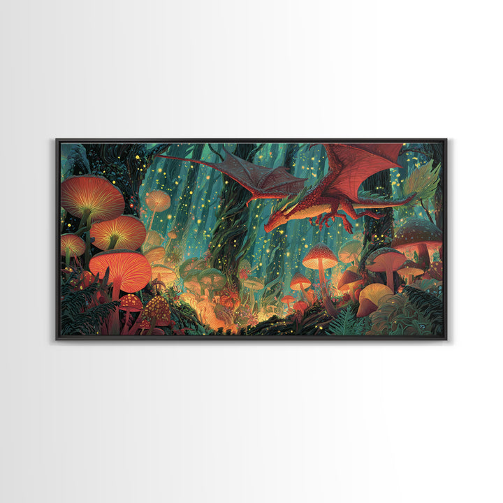 Red Dragon Over Glowing Mushroom Forest Wall Art, Whimsical Fantasy Canvas Print, Enchanted Woodland Kids Room Decor Gift