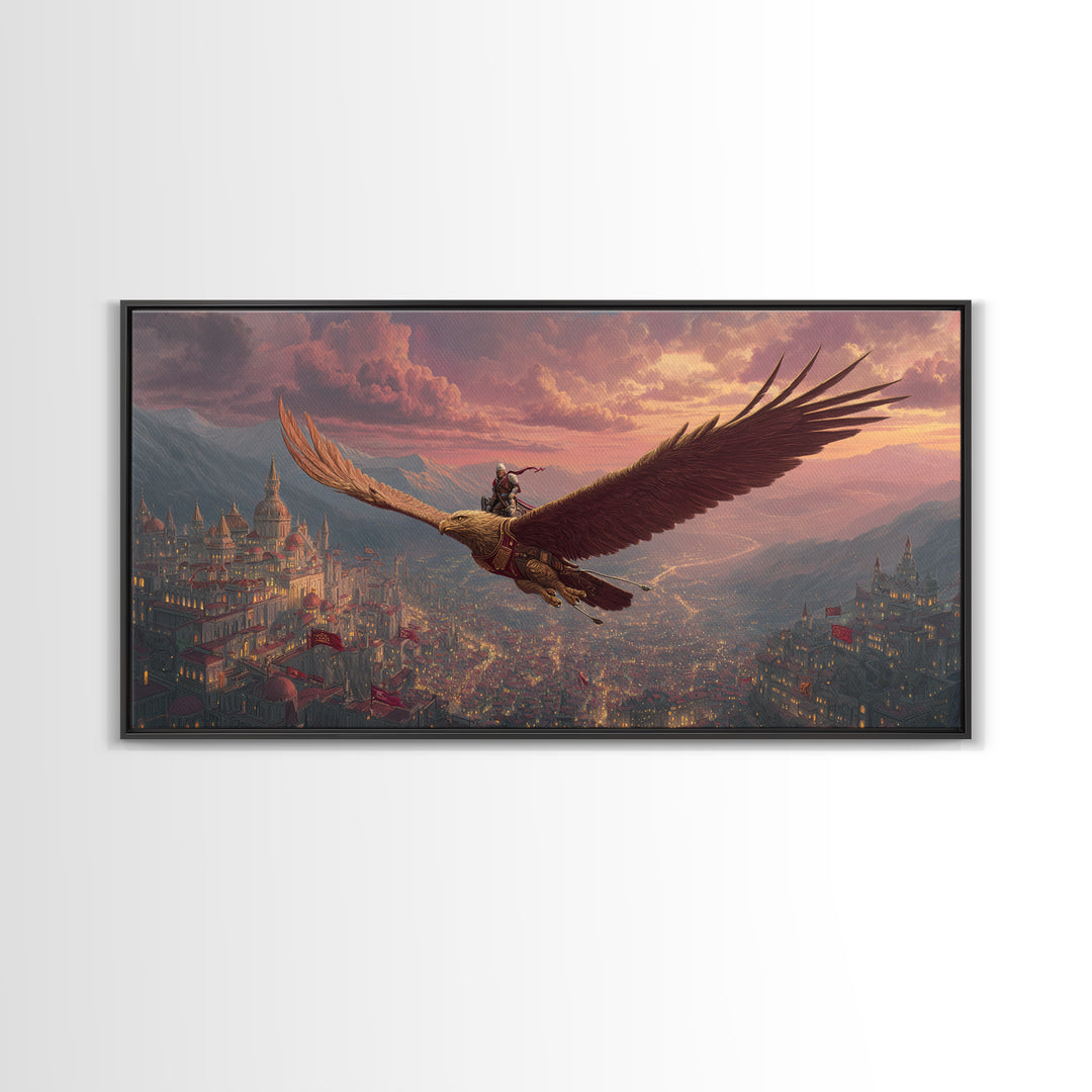 Epic Eagle Rider Over Kingdom Wall Art, Fantasy Canvas Print, Mythical Landscape Art For Gamer Room, Study, And Office Decor