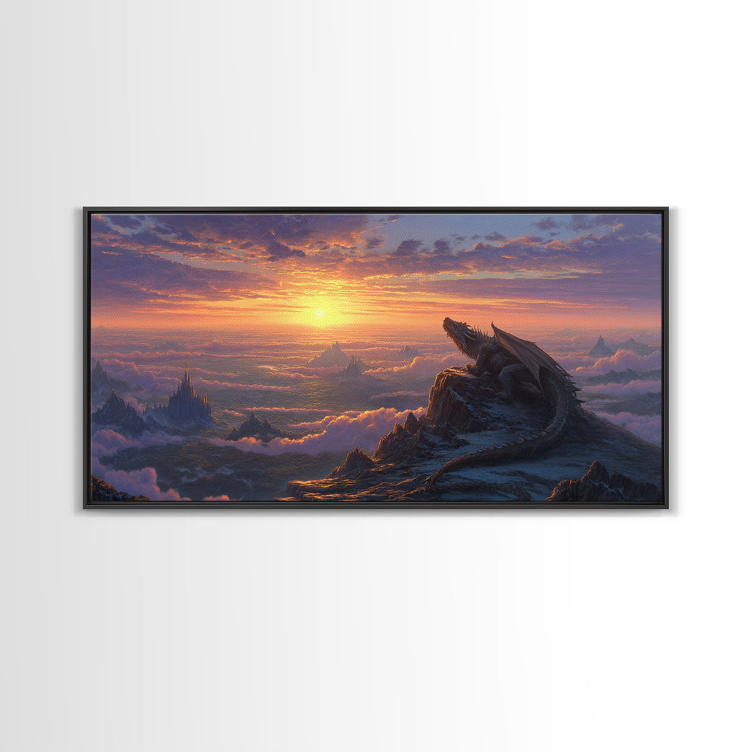 Sunset Dragon Mountain Kingdom Wall Art, Epic Fantasy Landscape Canvas, Medieval Castle Decor, Large Fantasy Art Print Gift