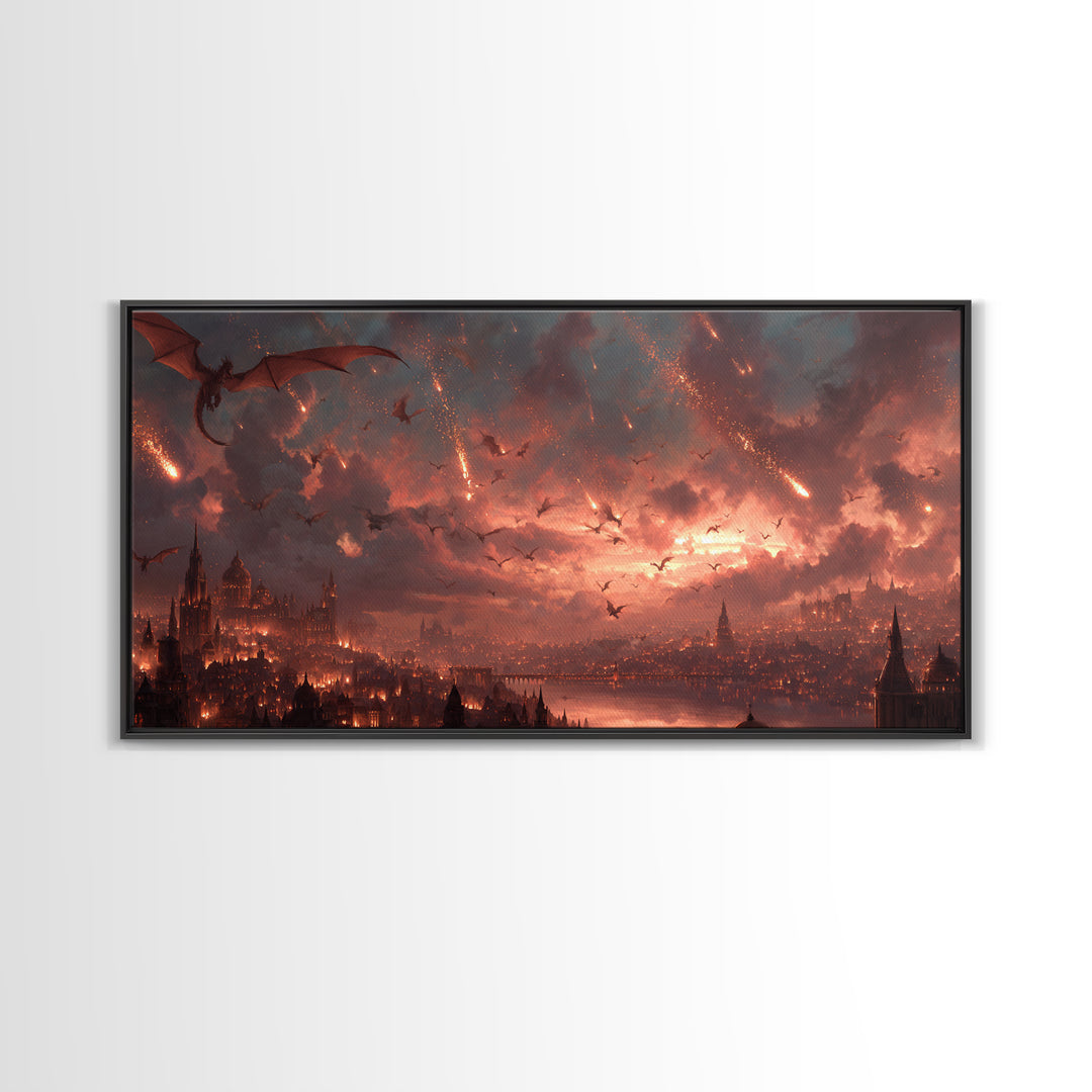 Dragon Siege Over Burning City Canvas Print, Dark Fantasy Wall Art, Gothic Medieval Decor, Epic Game Room Poster Gift For Gamer