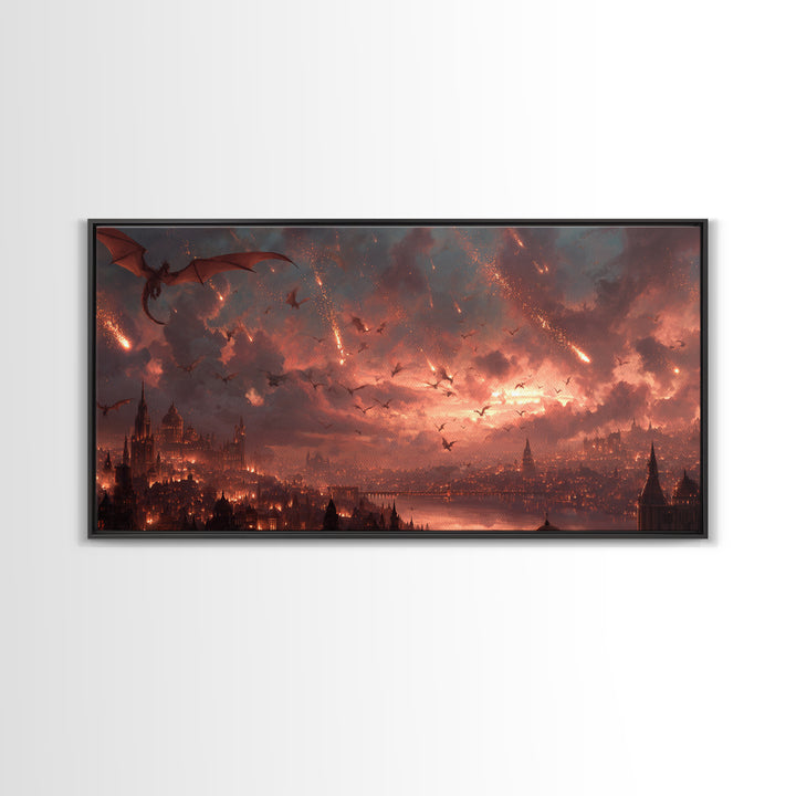 Dragon Siege Over Burning City Canvas Print, Dark Fantasy Wall Art, Gothic Medieval Decor, Epic Game Room Poster Gift For Gamer