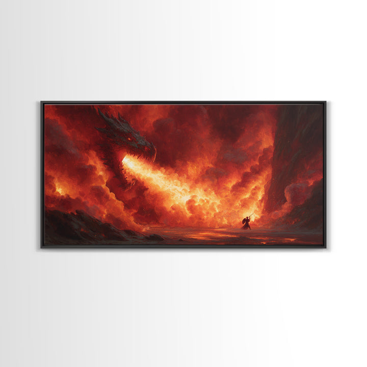Fire Breathing Dragon In Volcanic Sky Canvas Print, Dark Fantasy Wall Art, Epic Dragon Art, Fantasy Decor, Gamer Room Decor, Large Artwork