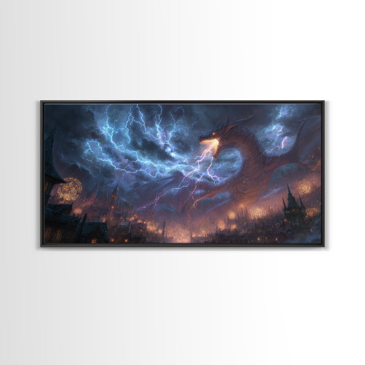 Lightning Dragon Over Gothic City Wall Art, Dark Fantasy Canvas, Stormy Castle Decor, Epic Dragon Print, Gamer Gift, Fantasy Decor