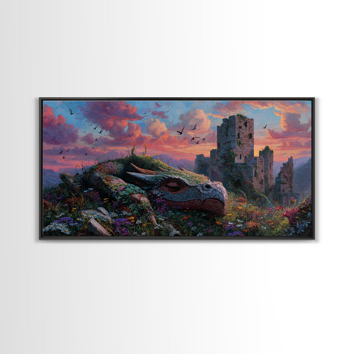 Sleeping Dragon Among Wildflowers Framed Canvas Print, Fantasy Wall Art, Whimsical Decor, Nursery Art, Enchanted Castle Art