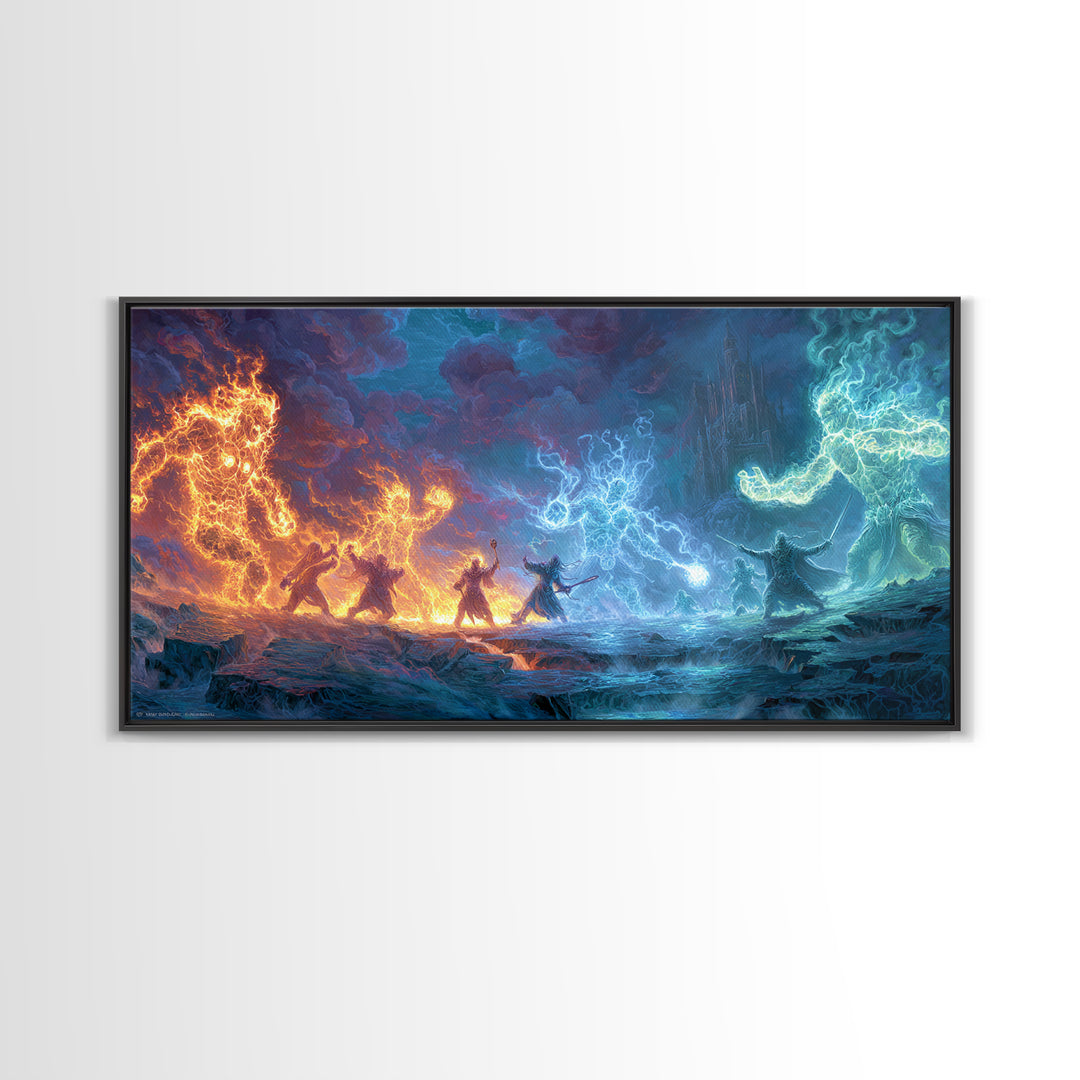 Elemental Dragon Battle Canvas Print, Fire And Ice Fantasy Wall Art, Epic Magic Warrior Decor, RPG Gamer Room Gift For Him