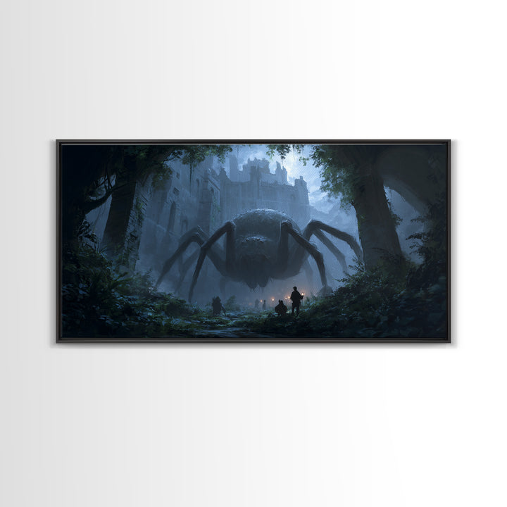 Giant Spider In Ruined Forest Canvas Print, Dark Fantasy Wall Art, Gothic Castle Decor, Creepy Dungeons And Dragons Gift