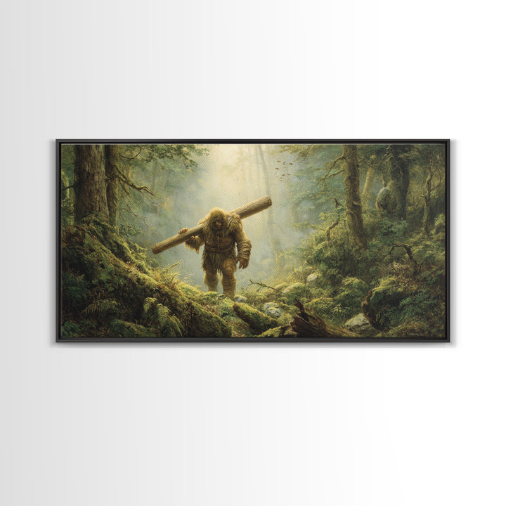 Bigfoot Carrying Log Through Mossy Forest Wall Art, Whimsical Wildlife Canvas Print, Cabin Decor, Fantasy Home Decor, Unique Gift