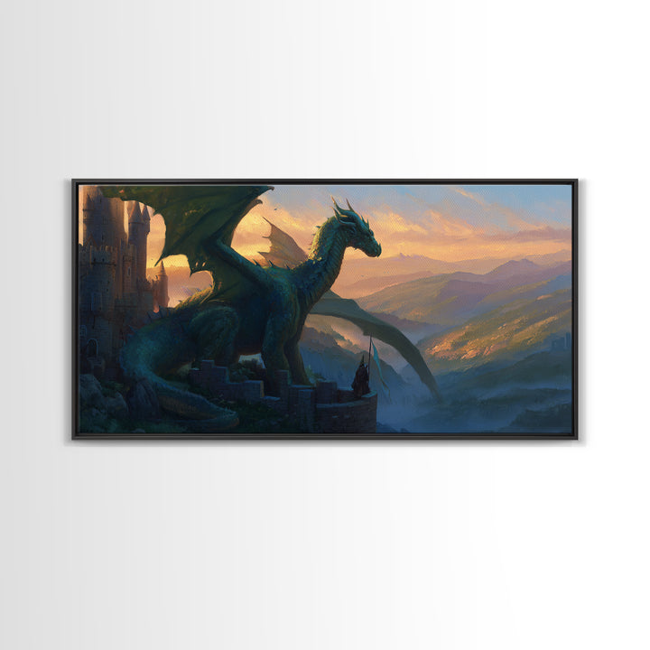 Emerald Dragon Castle Wall Art, Fantasy Landscape Canvas Print, Medieval Gothic Decor, Large Mythical Creature Artwork Gift