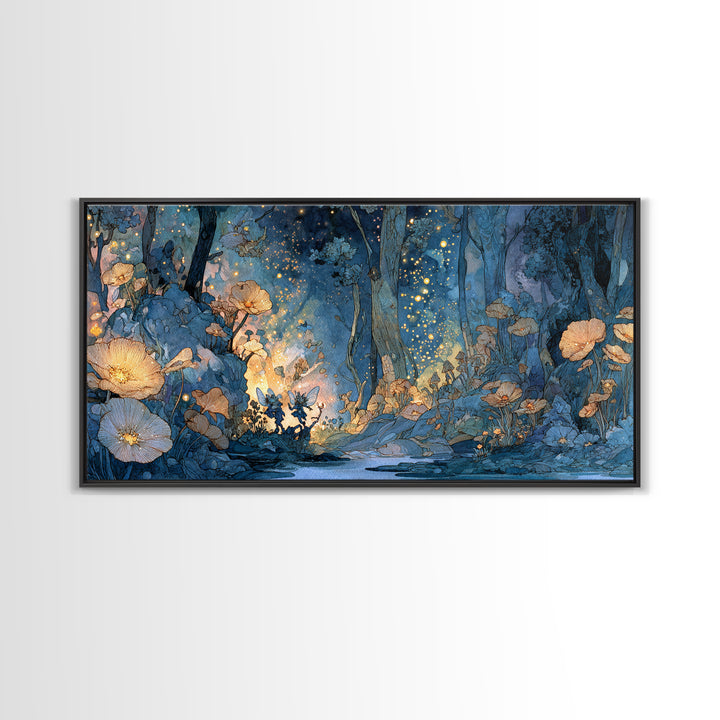 Glowing Blue Fairy Forest Canvas Print, Whimsical Floral Wall Art, Enchanted Woodland Decor, Firefly Fantasy Print, Nursery Wall Decor