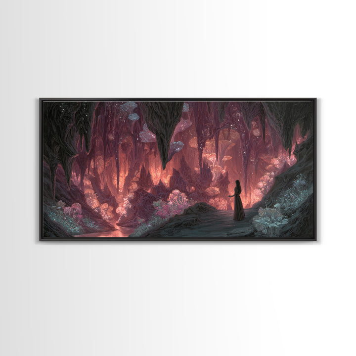 Glowing Crystal Mushroom Cave Wall Art, Magical Fantasy Canvas Print, Ethereal Decor, Whimsical Art, Goblincore Home Decor