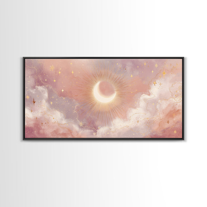 Glowing Solar Eclipse With Pink Clouds Wall Art, Celestial Canvas Print, Moon And Stars Decor, Dreamy Bedroom Decor Gift For Her