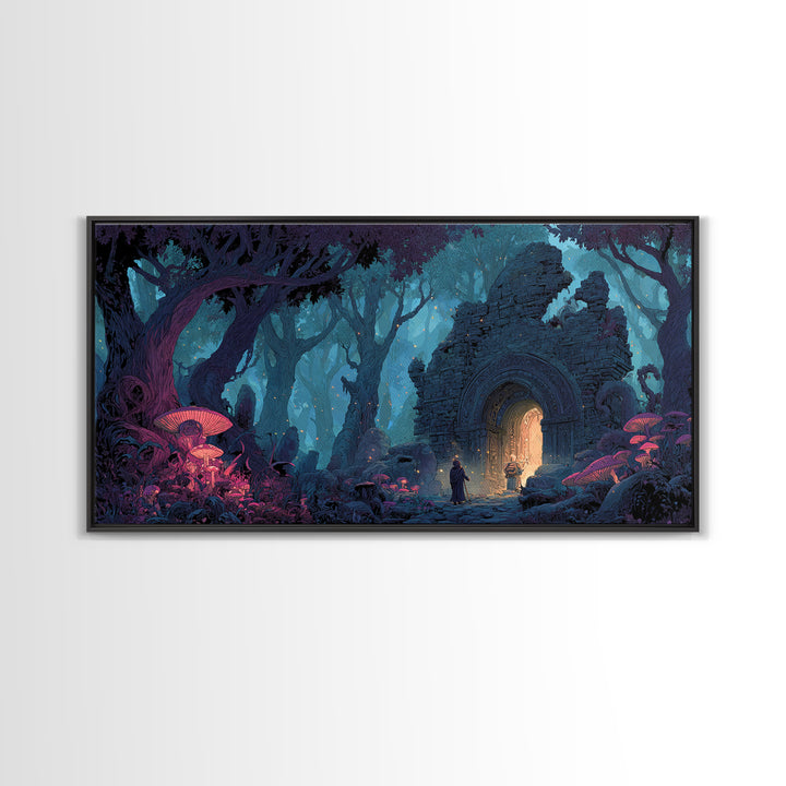 Enchanted Forest Portal Canvas Print, Mushroom Fantasy Wall Art, Magical Ruins Decor, Whimsical Fairy Tale Print For Kids Room