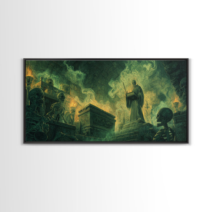 Green Necromancer Crypt Canvas Print, Skeleton Ritual Dark Fantasy Art, Gothic Wall Art, Occult Decor, Dungeons And Dragons Gift