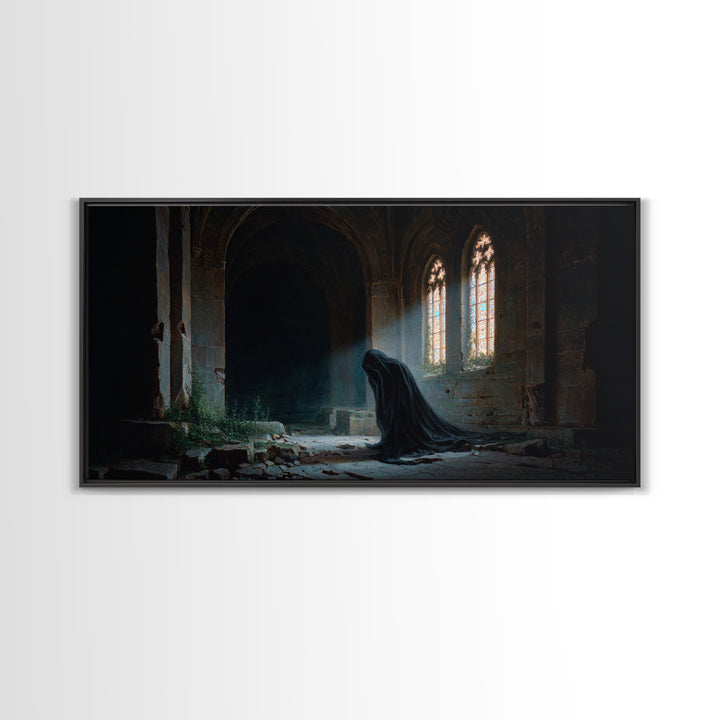 Hooded Figure In Ruined Gothic Cathedral Framed Canvas Print, Dark Academia Wall Art, Moody Spiritual Decor For Home Office