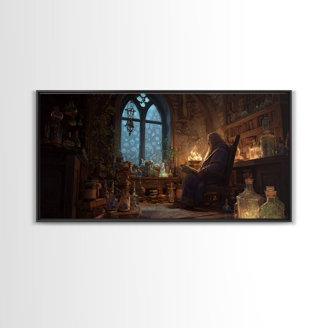 Wizard Library Wall Art, Dark Academia Fantasy Canvas Print, Magical Book Nook Decor, Cozy Reading Room Gift For Book Lover