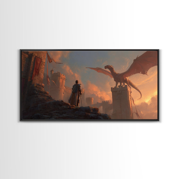 Dragon Over Castle Ramparts Canvas Print, Epic Fantasy Wall Art, Medieval Knight Decor, Dark Academia Gift For Him, Large Statement Artwork