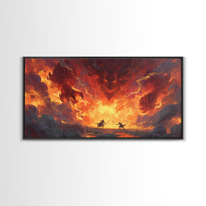 Fiery Demon Battle Scene Canvas Print, Dark Fantasy Wall Art, Dragon Artwork, Gothic Decor, Gaming Room Statement Art, Large Wall Art