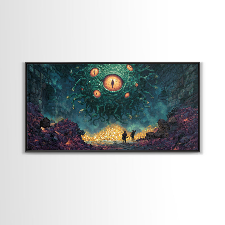 Floating Eyed Monster Over Gold Hoard Canvas Print, Dark Fantasy Wall Art, Dungeon Decor, Gaming Room Art, Gift For Gamer