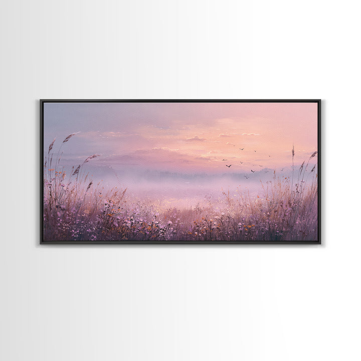 Misty Pink Sunrise Meadow Landscape Wall Art, Wildflower Canvas Print, Nature Wall Decor, Calming Bedroom Decor Gift For Her