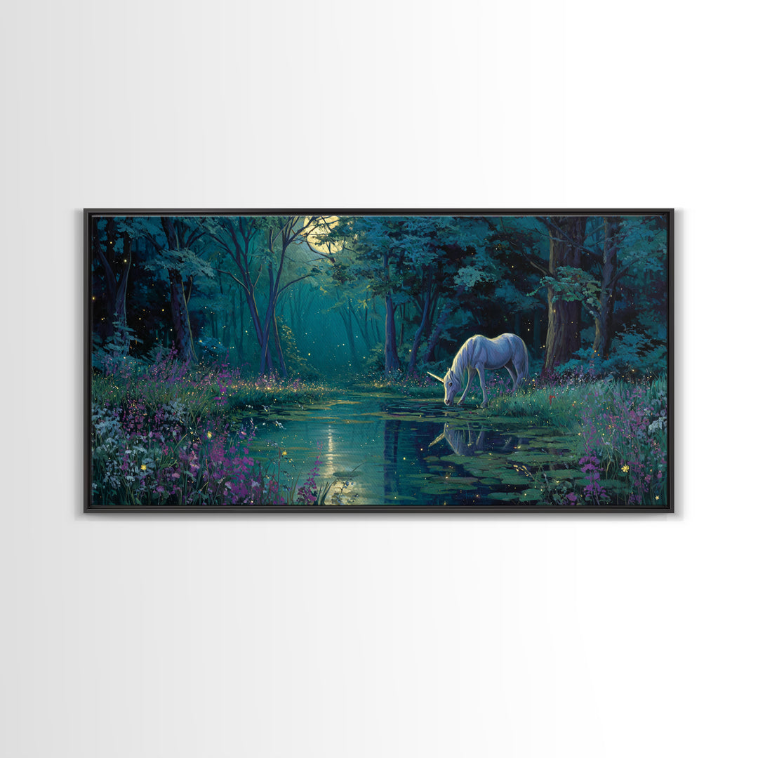 Moonlit Unicorn Forest Pond Wall Art, Enchanted Fantasy Landscape Canvas, Whimsical Nursery Decor, Magical Gift For Her Art